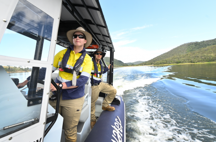 Seqwater Field Rangers Sam Mellor and Leo Butler patrolling one of Seqwater's lakes. Seqwater is advising boaties to watch out for submerged hazards following recent rain..png