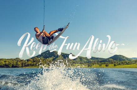 Play it safe 2022-23 campaign photo of wakeboarder at Moogerah Dam keeping the fun alive