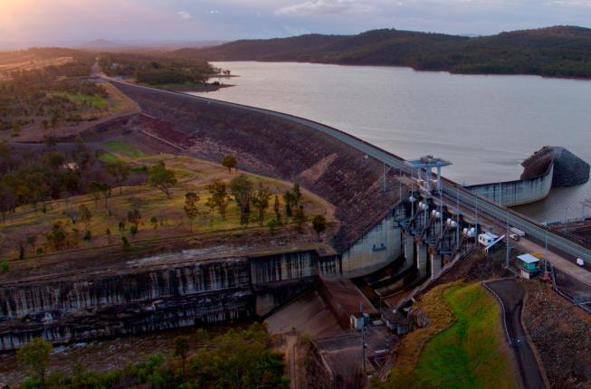 Aerial view of Wivenhoe Dam and gates