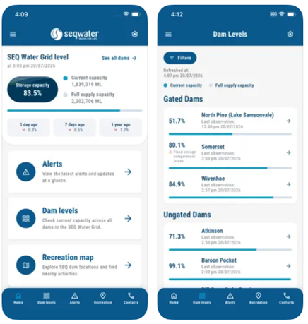 Seqwater app home screen and dam levels screen