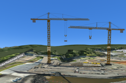 Artist impression of two cranes at the Lake Macdonald Dam construction site