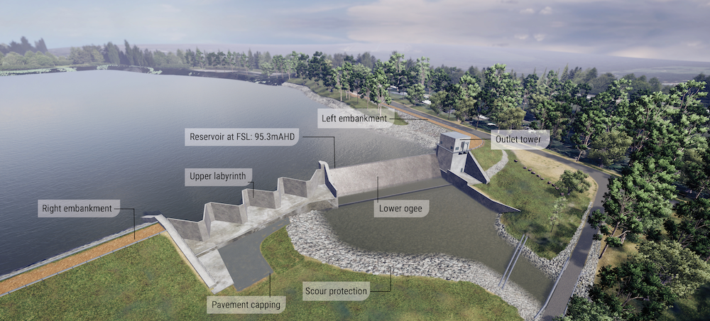 Lake Macdonald Dam Improvement Project split level labyrinth spillway layout design 