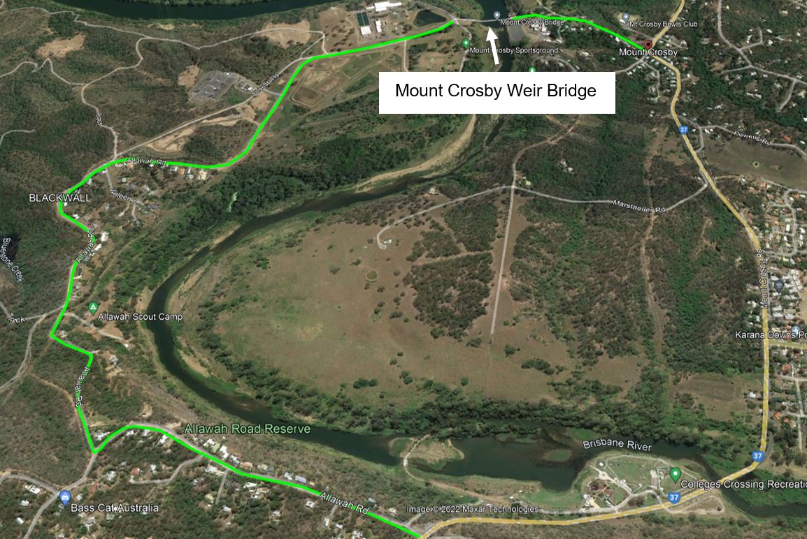 Vehicle access to the Mount Crosby Weir Bridge (Green) will be from both the East (Stumers Road) and the West (Allawah Road).