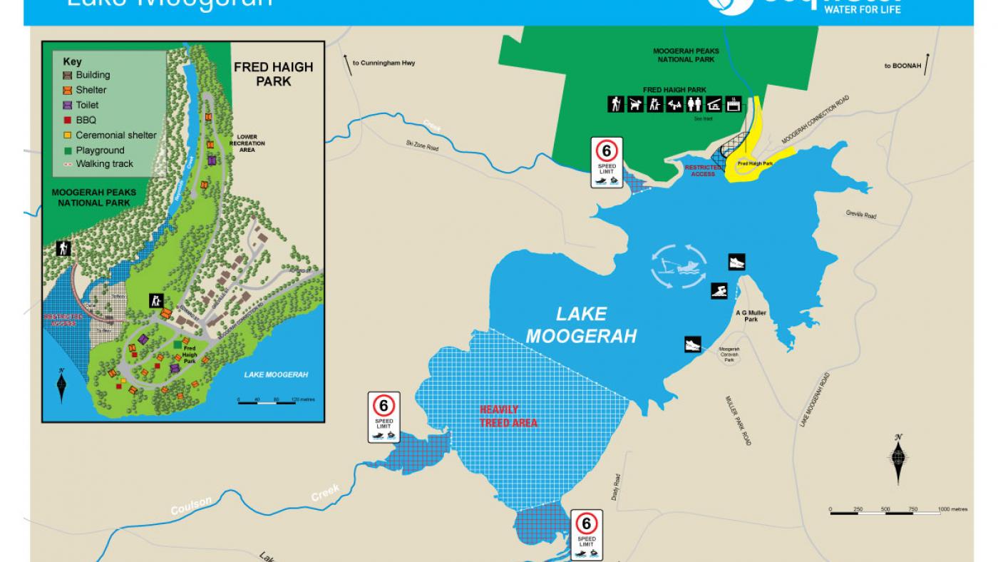 Map of Lake Moogerah showing low water hazard area