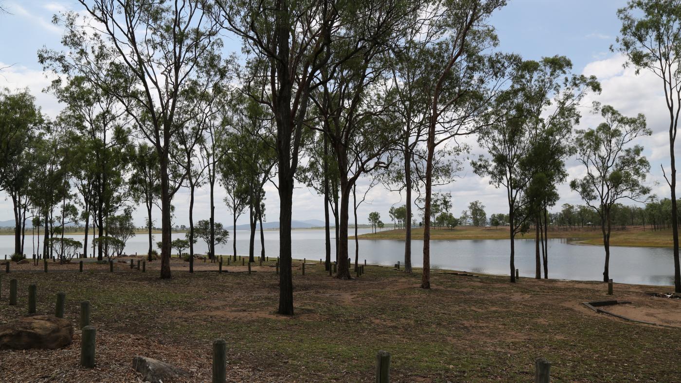 A wide angle view of the Logan Complex area, with an inlet of the lake in the distance and the shoreline peppered with trees in the foreground