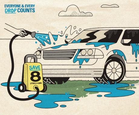 Everyone and Every Drop Counts Campaign artwork - saving water washing the car
