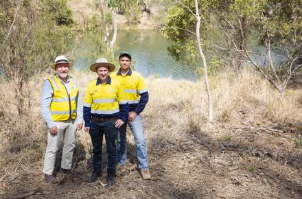 Ipswich West MP Jim Madden at the Mt Crosby Weir Nature Refuge with Mark Waud from Healthy Land and Water and Greg Greene from Seqwater