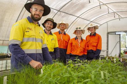 Seqwater Field Ranger Mitch Thomas-Carr with Skilling Queenslanders for work supervisor Marcello Panebianco and trainees Ewan Dalladay, Kate Crombie and Brooke Senior.