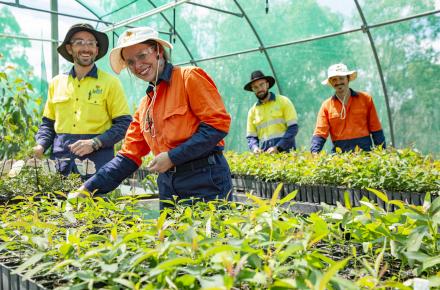 Skilling Queenslanders for work supervisor Marcello Panebianco and Seqwater Field Ranger Mitch Thomas-Carr with trainees Megan Barkley and Brett Goosen.