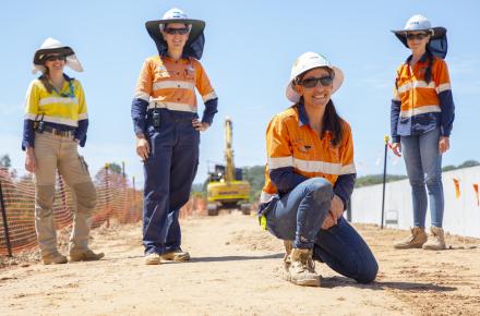 (L-R) Planning Engineer Helena Sutherland, Civil Engineer Zara Bostock, Environmental Advisor Lisa Hunt and Graduate Site Engineer Georgia Kelly o site at the Ewen Maddock Dam upgrade.