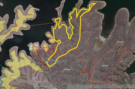 Outline in yellow of area near shoreline subject to planned burn