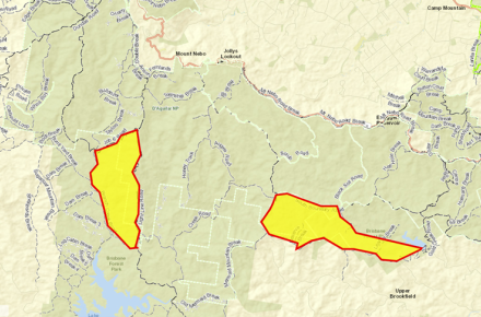 Outlined in yellow, areas near Gold Creek which will subject to planned burn
