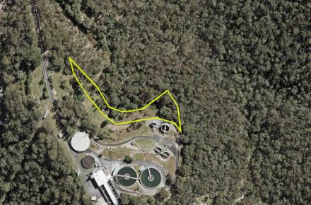 Outline in yellow of the area behind Mudgeeraba WTP subject to planned burn
