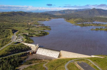 Aerial of Wyaralong Dam spilling