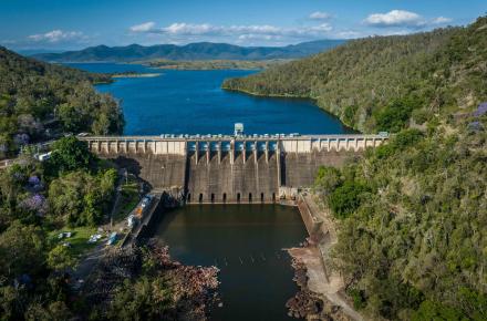 birds eye view of Somerset Dam wall and gates